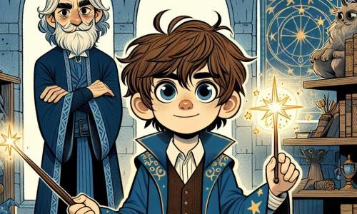 Al centro dell'immagine, un giovane ragazzo di dieci anni, Leo, è rappresentato come un apprendista stregone. Ha capelli castani disordinati, occhi brillanti di curiosità e indossa una tunica blu da stregone decorata con stelle dorate. Il suo volto esprime determinazione e eccitazione mentre brandisce una bacchetta magica scintillante, pronto a lanciare un incantesimo. A destra, il Maestro Alarico, un uomo di circa sessant'anni, con una lunga barba bianca e un mantello blu scuro, osserva Leo con un sorriso benevolo, le braccia incrociate, come se fosse orgoglioso del suo allievo. A sinistra, Drago, un ragazzo di dodici anni con capelli neri e occhi scuri, ha un'espressione di sfida. Indossa una tunica nera da stregone e sembra pronto a confrontarsi con Leo, il suo sguardo concentrato su di lui. Lo sfondo è una grande torre magica, con muri in pietra antica, scaffali pieni di libri polverosi e mappe stellari appese alle pareti. La luce soffusa delle candele illumina la stanza, creando un'atmosfera misteriosa e incantevole. La situazione principale mostra Leo e Drago che si fronteggiano, pronti a confrontarsi in una battaglia magica, mentre Alarico li incoraggia a usare la magia dell'amicizia piuttosto che la rivalità.