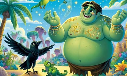 Un gigant binevoitor pe nume Goran, având câțiva metri înălțime, se află în centrul imaginii, cu un zâmbet cald pe față. Pielea lui este de un verde blând, presărată cu modele aurii, iar ochii îi strălucesc cu o lumină prietenoasă. El dansează vesel, cu brațele întinse spre cer, înconjurat de creaturi magice. În dreapta lui, o mică șopârlă pe nume Lila, cu solzi verzi și ochi sclipitori, sare cu entuziasm, încurajându-l pe Goran să danseze. În stânga lui, un corb pe nume Nimbus, cu pene negre strălucitoare și o privire jucăușă, se odihnește pe o dună de nisip, observând scena cu curiozitate. Decorul este o oază magică, cu palmieri luxurianți și flori colorate în jurul unui iaz strălucitor, sub un cer albastru închis, presărat cu nori pufoși și stele strălucitoare care încep să apară la orizont. Situația principală arată cum Goran, Lila și Nimbus sărbătoresc împreună la un festival al prieteniei, unde bucuria și magia plutesc în aer, creând o atmosferă festivă și încântătoare.