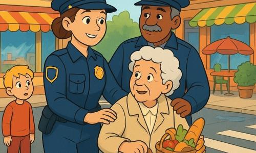 Tânără polițistă zâmbitoare, păr brun prins în coc, uniformă bleumarin cu insignă, purtând șapcă și ținând un săculeț de cumpărături, ajută o doamnă în vârstă să traverseze strada. Sergentul Pavel (≈50 ani), mustăcios cu păr grizonat, în vestă de poliție, stă puțin în spate cu mâna pe umărul polițistei, privire liniștitoare. Doamnă în vârstă (≈75 ani), păr alb ondulat, palton deschis, ținând un coș greu, cu expresie ușurată. Băiețel (≈7 ani), păr blond, pantaloni roșii, privește de pe trotuar uimit. Stradă de cartier dimineața, trotuar pietruit, vitrine colorate, cafenea cu umbrele, ghivece la balcoane și câteva bălți după ploaie. Scena centrală: polițista ajută doamna să traverseze în siguranță, trecători zâmbitori, lumină blândă de primăvară, culori calde și atmosferă senină.