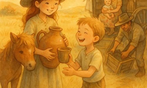 Maya, a smiling determined cowgirl with sunfreckled face, wide felt hat, simple beige dress and leather boots, holds a large earthenware water jug and offers a wooden cup to a laughing dusty, short-haired boy of about eight; Dusty, a small brown horse with a shaggy mane, stands calmly by her leg; nearby a mother in a floral dress sits on a wagon step holding a smiling six-month-old baby while a father in a worn leather hat lifts a fallen crate by the wagon wheel; they stand on a wide golden plain of waving dry grasses beside several wooden wagons on a dirt path leading to a low hill with flowers and a sparkling spring, a warm orange evening light and long shadows, a breeze lifting a cloth, and expressions of warmth and mutual aid.