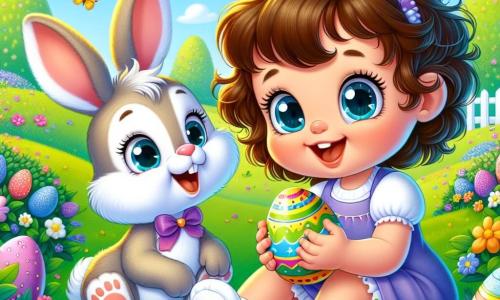 A 2-year-old girl named Mia, with big bright eyes and curly brown hair, is sitting in the green grass of the garden. She smiles in wonder while holding a colorful egg in her small hands. Next to her stands a large rabbit with big ears, the Easter Bunny, with soft white fur and a colorful bow tie. He joyfully smiles, showing other eggs hidden behind the bushes. The sunny garden is filled with vibrant flowers, and butterflies are flying around. A large tree stands in the background, its branches heavy with green leaves. Mia and the rabbit are searching for Easter eggs, surrounded by magic and joy, as a rainbow appears in the blue sky.