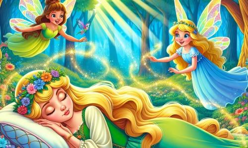 A Bela Adormecida, uma jovem princesa de cerca de 18 anos, é retratada com longos cabelos dourados, flutuando como raios de sol ao redor de seu rosto suave e sereno. Ela está deitada em um leito de flores coloridas, com um leve sorriso nos lábios, enquanto uma luz mágica emana dela, simbolizando seu despertar iminente. Ao seu lado, três fadas travessas, cada uma com cerca de 15 anos, flutuam no ar. Flora, com asas verdes e um vestido de pétalas de flores, sorri alegremente enquanto lança uma pitada de pó mágico. Fauna, vestida de azul, murmura palavras doces, com os olhos brilhando de inteligência. Finalmente, Primavera, com asas multicoloridas, dança ao redor de Aurora, acrescentando um toque de alegria à cena. O cenário se passa em uma floresta encantada, onde árvores majestosas com troncos grossos e folhas vibrantes formam um ambiente de conto de fadas. Flores de cores vivas cobrem o chão, e raios de sol penetram pela folhagem, criando uma atmosfera mágica e luminosa. A situação principal mostra a Bela Adormecida prestes a acordar, cercada por suas amigas fadas e os animais da floresta, todos unidos para celebrar este momento de renascimento e magia, simbolizando o amor e a amizade que quebram o feitiço.