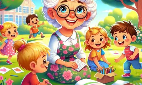 O învățătoare în vârstă, cu părul alb ca zăpada și ochelari rotunzi, zâmbește călduros uitându-se la un grup de copii. Ea poartă o rochie colorată cu motive florale și ține o carte deschisă în mâini, plină de entuziasm. Andrei, un băiat de 8 ani cu părul brun și un tricou roșu, stă lângă ea, cu ochii strălucind de excitație, ținând o cutie de creioane. Mia, o fetiță de 7 ani cu codițe blonde și o rochie cu buline, stă pe jos, înconjurată de hârtii colorate, desenând un steag pentru proiectul lor. Radu, un băiat de 9 ani cu ochelari și un zâmbet jucăuș, construiește un mic castel din carton, chiar în spatele Miei. Scena se desfășoară într-un parc însorit, plin de verdeață, cu copaci măreți și flori strălucitoare în jur. Copiii se joacă în depărtare, iar o briză ușoară face să danseze frunzele copacilor. Situația principală arată învățătoarea și copiii colaborând cu bucurie pentru a construi un mic sat din carton, fiecare aducând o notă personală, plini de râsete și creativitate.