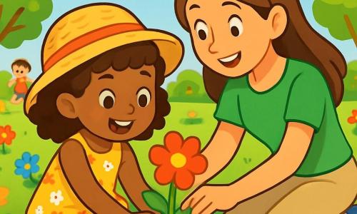O fetiță de 6 ani, cu părul creț și ochii strălucind de curiozitate, zâmbește vesel în timp ce plantează o floare colorată în pământ. Poartă o rochiță cu flori și o pălărie din paie, iar fața ei radiază entuziasm. Lângă ea, o femeie de aproximativ 30 de ani, cu părul lung și brunet, îmbrăcată într-un tricou verde și pantaloni ușori, îi arată cum să planteze floarea corect, aplecându-se ușor spre ea cu un zâmbet încurajator. Decorul este un parc însorit, plin de flori strălucitoare, copaci verzi și un cer albastru deschis, unde alți copii se joacă vesel în fundal. Situația principală arată fetița și mama ei participând la un proiect de conservare, plantând flori pentru a ajuta insectele, înconjurate de râsete și culori vii, simbolizând dragostea și respectul pentru natură.