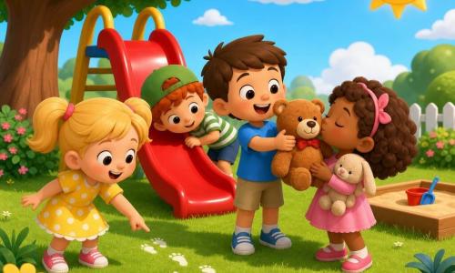 Four children (about 5): Lily, blonde pigtails, yellow polka-dot dress, left, smiling and pointing at small white footprints in the grass; Tom, short brown hair, blue tee and khaki shorts, center-right, holding Teddy up and cheering; Mia, curly light-brown hair, pink dress, just in front of Tom, hugging and now kissing Teddy; Jack, red hair, green cap, striped tee, rear-left, leaning to look behind the red slide. Sunny colorful garden with a large green lawn, a round-leaved tree left, a beige sandbox, simple bright flowers, and a light-blue sky with a smiling sun. Main scene: the four little investigators joyfully discover white footprints leading to the slide and Teddy near it, warm safe adventure, bright style with strong contrasts and drawn outlines, composition centered on the discovery.