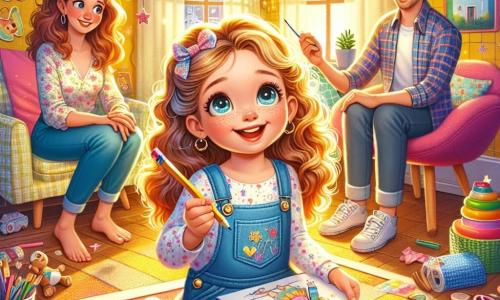 An 8-year-old girl, Lila, with curly hair and light blue eyes, is sitting on a colorful rug in her new room. She has a radiant smile on her face, showing her joy and excitement, while holding a crayon and a drawing of her brightly decorated new room. Next to her, her mother, a woman around 35 with brown hair and a floral blouse, watches her proudly, holding a photo frame from their old house. Her gaze is soft and loving, reflecting her support. In one corner of the room, her father, a man about 37 with short hair and a checkered shirt, is hanging a butterfly mobile from the ceiling, adding a magical touch to the room. The room is bright, with walls painted in vibrant yellow, sparkling star stickers on the ceiling, and colorful toys scattered on the floor, creating a joyful and welcoming atmosphere. The main scene shows Lila, surrounded by her parents, discovering and decorating her new room, filled with love and enthusiasm for this new beginning.