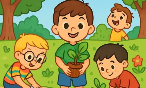 Ci sono 4 bambini: Andrea, un ragazzo di 4 anni con capelli castani e occhi brillanti, indossa una maglietta verde e pantaloni corti blu, sorride tenendo un piccolo albero in vaso; Marco, con capelli biondi e occhiali rotondi, indossa una camicia a righe colorate e sandali, è a sinistra di Andrea mentre raccoglie una bottiglia di plastica; Luca, con capelli neri e lentiggini, indossa una maglietta rossa e pantaloni corti, è a destra di Andrea mentre pianta un piccolo albero; Tommaso, con capelli castani e un grande sorriso, indossa una maglietta gialla e pantaloni corti verdi, è dietro Andrea e osserva gli uccelli nel cielo. L'ambientazione è un parco verde con alberi maestosi, fiori colorati e un cielo blu. I bambini stanno pulendo il parco e piantando alberi, uniti nella loro missione di proteggere la natura.