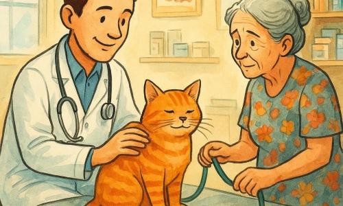 O Dr. Lucas, sorridente e afável, pele clara e cabelo castanho curto, de jaleco branco e estetoscópio, agachado com mãos delicadas examinando o gato laranja Mimoso sobre a mesa; Dona Marta, cerca de 65 anos, cabelo grisalho preso em coque, vestido florido e olhar preocupado, segura a trela ao lado da mesa, ligeiramente inclinada; Mimoso, grande, pelagem ruiva às riscas e olhos verdes semicerrados, está calmo com a mão do veterinário; clínica iluminada e acolhedora com chão de azulejo bege, paredes creme com cartazes, grande janela, prateleiras com frascos e uma pequena pilha de revistas na sala de espera; cena de exame veterinário terno e reconfortante, gestos precisos, sorriso calmo e expressão de empatia.