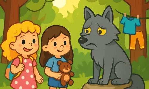 Er zijn 3 personages: - Lotte: Een 7-jarig meisje met blond, krullend haar, in een roze jurk met witte stippen. Ze is glimlachend en houdt een kleurrijke rugzak vast. - Mila: Een 7-jarig meisje met bruin, steil haar, gekleed in een blauwe t-shirt en een spijkerbroek. Ze heeft een nieuwsgierige blik en houdt een klein knuffelbeer vast. - De grote boze wolf: Een grijze wolf met glanzende gele ogen, met een zijdezachte vacht en een grote staart. Hij zit op een rots, er verdrietig uitziend, omringd door een paar koekjes en kleding die aan takken hangen. De belangrijkste situatie speelt zich af in een zonnige open plek in het hart van een dichte bos. Majestueuze bomen met dikke stammen omringen de ruimte, met schitterend groene bladeren die in de wind dansen. Kleurrijke bloemen bedekken de grond, en een zachte zonnestraal filtert door de takken en verlicht de scène. De belangrijkste situatie van het verhaal toont Lotte en Mila die naar de grote boze wolf lopen, die verdrietig en alleen lijkt. De meisjes komen met warme glimlachen naderbij, klaar om hun vriendschap aan te bieden en hem te laten zien dat je niet gemeen hoeft te zijn om vrienden te hebben.