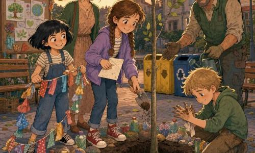 Niña de 10 años, rostro redondo y pecas, cabello castaño en dos trenzas, expresión orgullosa y ojos brillantes, sostiene una hoja de papel reciclado con una promesa y echa un poco de tierra sobre un joven árbol; a la izquierda Leo, también de 10 años, pelo negro corto y sonrisa traviesa, lleva una guirnalda de telas; Bruno, niño de 10 años de pelo rubio despeinado, limpia sus manos en el pantalón tras ayudar a cavar junto al hueco; un jardinero de unos 45 años con pantalón de trabajo y chaleco verde, manos con tierra, muestra cómo plantar y sostiene una regadera; la madre, mujer de 35 años con vestido sencillo, mano en el hombro de la niña y sonrisa tierna, observa de fondo; lugar: pequeña plaza empedrada con bancos, contenedores de reciclaje coloridos, carteles hechos a mano, guirnaldas y piedras pintadas alrededor del árbol; situación: ceremonia comunitaria de plantación al crepúsculo, ambiente cálido y ordenado, colores pastel y luces doradas del atardecer, hojas movidas por el viento y adornos reciclados visibles.