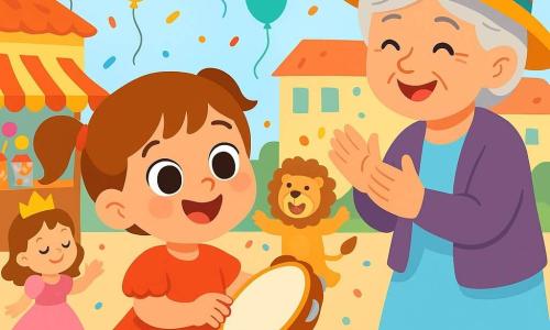 Una niña de 2 años, Ana, con grandes ojos brillantes y una sonrisa radiante, lleva un vestido rojo con volantes que danza a su alrededor. Ella golpea alegremente un tambor, con las mejillas sonrojadas por la emoción. Junto a ella, su abuela, una mujer mayor con cabello plateado, lleva un sombrero colorido y aplaude con orgullo, manteniéndose un poco atrás. El escenario es una plaza de pueblo animada, llena de globos coloridos, confeti flotando en el aire y puestos de dulces. Niños disfrazados de princesa, león y mariposa bailan a su alrededor, creando una atmósfera festiva y alegre. La escena principal muestra a Ana tocando su tambor en medio del carnaval, rodeada de risas y música, mientras su abuela la anima con una mirada cariñosa.
