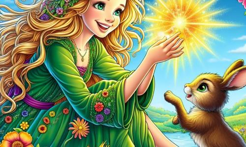 Elara is a warm-hearted woman with long golden hair that shines like the sun. She wears a green dress adorned with colorful flowers and has a warm smile on her face, reflecting her determination and joy. She is crouched in a magical garden, touching a wilted flower with her glowing hand, causing vibrant colors to bloom around her. Next to her, a small rabbit with big ears, about 3 years old in human age, looks on with wide eyes, filled with wonder. It has soft brown fur and stands on its hind legs, ready to leap with joy. The garden is enchanting, filled with bright flowers, lush green leaves, and butterflies fluttering in the air. The sky is a bright blue, and the sun shines, creating a warm and welcoming atmosphere. The main scene shows Elara using her light power to revive the flowers in the garden, transforming a sad and wilted space into a vibrant and joyful place, full of life and color.