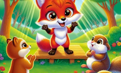 Al centro dell'immagine, Filippo, un giovane volpe dal pelo rosso brillante e con occhi pieni di curiosità, si trova su un piccolo palco di legno, con un sorriso radioso sul volto, mentre racconta una storia avvincente agli altri animali. Alla sua destra, Livia, la sua sorellina, una volpe dai peli dorati e dalle grandi orecchie, salta di gioia, con gli occhi brillanti di ammirazione, applaudendo suo fratello. A sinistra, Marta la marmotta, con il suo pelo marrone e le piccole zampe, lo ascolta attentamente, sorridendo, seduta su una roccia, mentre Leo il coniglietto, un piccolo coniglio dalle grandi orecchie bianche, si erge in piedi, con le zampe in aria, pronto ad applaudire. Lo sfondo è un radura soleggiata, circondata da alberi verdi con foglie brillanti, con fiori colorati sparsi sul terreno. I raggi di sole filtrano tra i rami, creando un'atmosfera calda e accogliente. La scena principale mostra Filippo, pieno di fiducia, mentre condivide una storia ispiratrice sull'accettazione di sé, catturando l'attenzione di tutti gli animali riuniti attorno a lui, creando così un momento magico di condivisione e gioia.