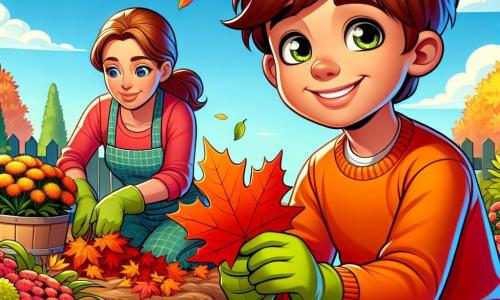 Een 12-jarig jongetje, genaamd Tom, met kastanjebruin haar en nieuwsgierige ogen, zit op een hoop herfstbladeren met een grote glimlach op zijn gezicht. Hij draagt een feloranje trui en een blauwe spijkerbroek, en houdt een rode esdoornblad in zijn handen, terwijl hij de schoonheid ervan bewondert. Naast hem is zijn moeder, een vrouw van ongeveer 35 jaar met bruin haar in een knot, die herfstbloemen plant met een geconcentreerde blik. Ze draagt een tuinier schort en groene handschoenen. De plek is een levendige tuin in volle herfsttransformatie, met bomen met gouden bladeren en bloemen in warme kleuren, terwijl de lucht helderblauw is, met wolken van katoen. De belangrijkste situatie toont Tom en zijn moeder die samen in de tuin werken, omringd door kleurrijke bladeren, terwijl ze een moment van verbondenheid en vreugde delen terwijl ze de tuin voorbereiden op de herfst.