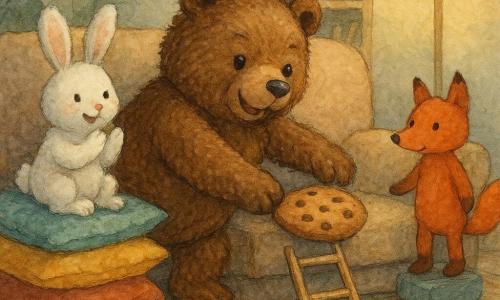 Un grande orso di peluche marrone consumato, pelo spesso e occhi lucidi, tira delicatamente un grosso biscotto al cioccolato dall'interno dello schienale del divano con la zampa infilata nel cuscino; un coniglietto bianco soffice applaude seduto su una pila di cuscini colorati a sinistra, mentre una volpe arancione di stoffa sta a destra con la coda sollevata pronta ad aiutare; sullo sfondo una pianta dalle foglie lucide e una mensola in legno chiaro con libri disordinati, luce calda di una lampada e tappeto a motivi geometrici; scena principale: sfida domestica con equilibrio di cuscini e scala improvvisata di spazzole, l'orso riesce a recuperare il biscotto in un'atmosfera gioiosa, colori tenui, briciole e pieghe del tessuto visibili.