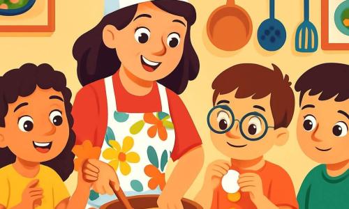 La chef Lucía, una mujer sonriente de unos treinta años, lleva un gran sombrero blanco y un elegante delantal de colores. Está mezclando ingredientes en un gran bol de madera, con los ojos brillantes de alegría y creatividad. A su lado, Sofía, una niña de 8 años con cabello rizado y ojos chispeantes, sostiene una zanahoria en forma de estrella, fascinada por la magia de la cocina. Mateo, un niño de 7 años con gafas y una sonrisa traviesa, se prepara para romper un huevo con cuidado, mientras que Andrés, un niño de 9 años con cabello castaño, observa atentamente, listo para ayudar. La escena tiene lugar en una cocina cálida y colorida, llena de cacerolas de cobre, verduras frescas en la encimera y frascos de especias de colores vivos. La situación principal muestra a Lucía y a los niños en plena creación culinaria, rodeados de un ambiente alegre y animado, donde cada gesto es una aventura y la magia de los sabores cobra vida.
