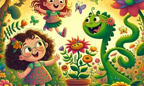 In un giardino incantato, Lalla, una ragazza di sei anni con capelli castani e ricci, indossa un vestito a fiori colorati e sorride guardando una grande pianta parlante. Accanto a lei, Mia, un'altra ragazza di sei anni con capelli rossi e occhiali, salta di gioia, le braccia alzate, circondata da fiori brillanti. Un piccolo drago verde, con squame lucenti e occhi scintillanti, le osserva con curiosità, un sorriso malizioso sul volto. Il giardino è pieno di fiori multicolori dalle forme strane, piante con volti sorridenti e alberi dai tronchi contorti, tutto immerso in una luce dorata e calda. Farfalle dalle ali scintillanti volano intorno a loro, aggiungendo un tocco di magia alla scena. I tre personaggi stanno discutendo gioiosamente, circondati da caramelle che fluttuano nell'aria, mentre il drago propone di diventare loro amico in cambio di alcune dolci. L'atmosfera è giocosa e colorata, piena di risate e sorprese.
