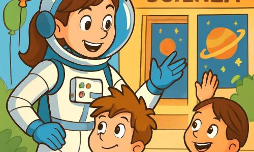 Un'astronauta donna, Martina, con capelli castani raccolti in una coda di cavallo, indossa una brillante tuta spaziale bianca e argentata. Il suo volto irradia gioia ed eccitazione, i suoi occhi brillano di curiosità mentre sorride ai bambini intorno a lei. Un ragazzo di 8 anni, Leo, con i capelli arruffati e gli occhi spalancati, si trova davanti a lei, con le mani sui fianchi, ascoltando attentamente. Una ragazza di 7 anni, con trecce e un maglione rosa, alza la mano per fare una domanda, il suo viso illuminato dallo stupore. La scena si svolge davanti a un grande museo della scienza, con manifesti colorati di pianeti e stelle sullo sfondo. Palloncini fluttuano nell'aria, aggiungendo un tocco festivo all'atmosfera. Martina racconta con entusiasmo le sue avventure nello spazio, circondata da bambini affascinati, mentre un piccolo cane randagio si avvicina timidamente, aggiungendo un tocco di tenerezza a questo incontro magico.