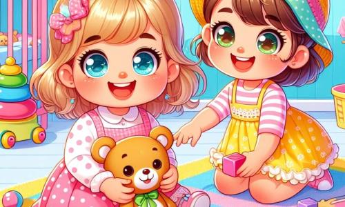 A 2-year-old girl, Mia, with big bright eyes and a radiant smile, is sitting on a soft, colorful rug. She is wearing a pink polka dot dress and holding a teddy bear, showing an expression of joy and excitement. Next to her, Hana, another 2-year-old girl, is wearing a pretty yellow dress and a green hat. She smiles and looks at Mia with enthusiasm, ready to play. The scene takes place in a bright classroom with pastel blue walls and children's drawings hanging up. Colorful toys are scattered on the floor, and there is a large fluffy rug in the center. Mia and Hana are building a road with colorful blocks, laughing together and sharing moments of closeness. Their faces are lit up with the joy of friendship as they enjoy creating an imaginary world.