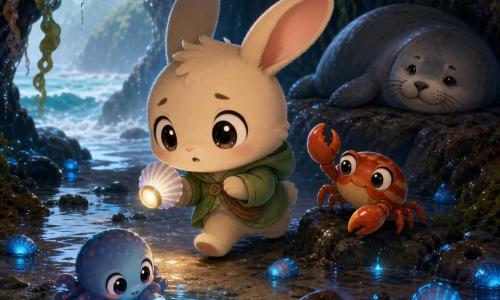 Milo, ein kleiner anthropomorpher Hase mit großen weichen Ohren und cremebeigem Fell, blickt neugierig und leicht nervös auf glänzende blaue Muscheln und hält eine Taschenlampe in Muschelform; Kora, eine rot-orange gestreifte Krabbe mit schelmischem, konzentriertem Blick, geht neben ihm und deutet mit einer Schere den Weg von einem nassen Felsen aus; ein winziger Tintenfisch-Kaulquappenkörper mit runden, glänzenden Augen zeichnet verspielte Tintenwirbel in einer Pfütze und leuchtet biolumineszent zur Führung, während im Hintergrund ein großer nasser Seehund mit sanften Augen auf einem Felsen döst; die Szene spielt in einer bei Ebbe halb überfluteten Meeresgrotte mit steinernen Wänden, grün-braunem Tang, silbrig reflektierenden Pfützen und dunklem nassem Sand, die Flut steigt langsam an, und die Stimmung ist geheimnisvoll und beruhigend mit sanften blau-grünen Lichtern und feucht-glänzenden Texturen.