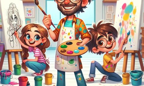 Um homem, Miguel, está no centro de um ateliê iluminado, com um grande sorriso no rosto. Ele tem cabelos desgrenhados, óculos redondos e usa uma camisa colorida cheia de manchas de tinta. Ele mistura cores em uma paleta, cercado por telas brancas prontas para serem transformadas. Ao seu lado, uma menina de 9 anos, Sofia, com cabelos trançados e olhos brilhantes de excitação, segura um pincel e admira Miguel. Ela usa uma camiseta colorida e um avental de pintura, pronta para criar sua própria obra. Um menino de 8 anos, Lucas, com óculos quadrados e um sorriso travesso, está sentado no chão, cercado por potes de tinta, desenhando formas divertidas em uma grande folha de papel. O ateliê é vibrante, cheio de telas nas paredes, potes de tinta de todas as cores e esculturas de argila. A luz do sol entra pelas janelas, iluminando as manchas de tinta no chão. A cena principal mostra Miguel ensinando as crianças a criar uma grande obra coletiva, enquanto riem e se divertem misturando cores, cada um adicionando seu toque pessoal à tela gigante que ganha vida sob suas mãos.