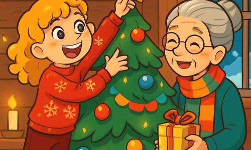 Uma menina de 10 anos, Clara, com cabelos loiros cacheados e olhos brilhantes de alegria, está decorando um pinheiro de Natal em uma sala acolhedora. Ela usa um suéter vermelho com padrões de flocos de neve e calças de veludo. Seu rosto irradia excitação e felicidade enquanto pendura uma estrela dourada no topo da árvore. Ao lado dela, uma senhora idosa, vizinha de Clara, com cerca de 70 anos, sorri com ternura. Ela tem cabelos grisalhos em um coque e usa um cachecol de lã multicolorido, segurando um pequeno presente que trouxe para a festa. A sala está decorada com guirlandas luminosas cintilantes, com paredes de madeira rústica e um grande pinheiro no centro, cercado por bolas coloridas e guirlandas de papel. Velas acesas espalham uma luz suave, criando uma atmosfera calorosa e festiva. Clara e a senhora idosa riem juntas, compartilhando memórias de Natal, enquanto a neve cai suavemente do lado de fora, cobrindo a paisagem com um manto branco. A atmosfera está cheia de magia e alegria, capturando o espírito do Natal.