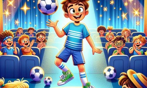 A 9-year-old boy, Oliver, stands on a talent show stage with a big smile on his face and excited eyes. He wears a blue t-shirt and shorts, confidently juggling a soccer ball. Nearby, his best friend Lily, a girl with curly hair and green sneakers, cheers him on with applause, while Jake, a boy wearing a slightly tilted hat, smiles and claps enthusiastically. The scene takes place in a large performance hall decorated with colorful balloons and sparkling garlands, with children sitting in chairs, eager to see the performances. Bright lights illuminate the stage, creating a festive and joyful atmosphere. The main situation shows Oliver performing a series of soccer tricks, surrounded by his friends who encourage him, while the audience applauds and laughs, creating a sense of camaraderie and celebration.