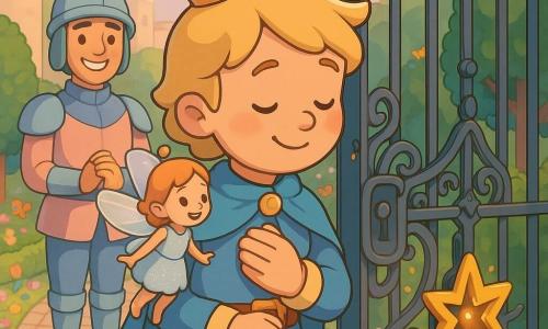 A small boy prince, about five, round smiling face, blond at the nape, crooked small gold crown, light blue cape, gentle kind expression, hand on his heart whispering please before a large garden gate with a star-shaped golden lock beginning to open; a tiny girl fairy about one-third his size in a shiny silver dress with iridescent translucent wings perches on his right shoulder looking at the lock, smiling and softly fluttering; a young guard of about eighteen in a pastel uniform and round helmet stands to the left of the gate with hands clasped and a tender wide smile a few steps behind the prince; background shows a flower-lined paved path with butterflies leading to the Moon Fountain with shimmering beaded water, small light reflections and soft mist, and a pale-walled castle with rounded towers behind trimmed hedges; bright pastel saturated tones, soft textures, rounded shadows, crisp outlines, calm magical atmosphere, focus on the opening star lock and the prince's kind expression.