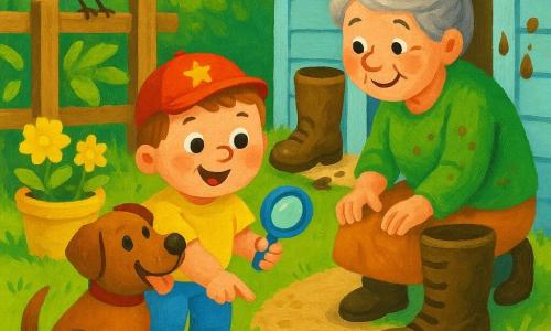 A small, round 4-year-old boy with light brown hair wears a red cap with a star, smiling curiously with bright wide eyes while holding a plastic magnifying glass and pointing at a mud track; Mrs. Green, about 60, with gray hair in a bun and a green blouse stained with dirt, crouches nearby smiling beside a large muddy boot in front of a garden shed; a short-haired brown dog named Poppy sits beside the boy with a muddy paw, tail wagging and watching the boot; a small red-and-orange bird, Mr. Robin, perches on the wooden fence nodding toward the direction; the sunny garden has green lawn, dirt paths, a light blue wooden shed, yellow flower pots, an open house door with mud splashes on the doorstep, and the scene shows the little investigation of mud prints, the muddy boot and a partially buried toy car in warm colors, thick paint textures and simple reassuring strokes.