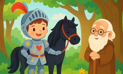 Un tânăr cavaler, Sir Luca, stă pe o mică colină, zâmbind cu ochii strălucind de bucurie. Poartă o armură strălucitoare, împodobită cu motive de flori și inimi, și un coif cu o pană colorată. Calul său, un splendid armăsar negru, se află lângă el, cu o coamă ondulată în vânt. Aproape de ei, un bătrân înțelept, cu o barbă lungă și albă și ochelari rotunzi, îl observă pe Sir Luca cu un zâmbet binevoitor. Poartă o robă simplă și ține un baston de lemn, stând lângă un stejar mare. Decorul este o pădure fermecată, cu copaci majestuoși și frunze verzi strălucitoare. Sir Luca se pregătește să se urce pe calul său pentru a pleca la aventură, cu inima plină de entuziasm, gata să descopere lumea dincolo de colină.