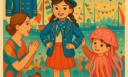 A proud smiling 6-year-old girl with brown pigtails wears a sparkling blue captain’s jacket and a starry scarf, standing confidently on a small wooden stage with hand on hip; to her left her mother in a colorful dress with light brown hair tied leans in and applauds; a shy 5-year-old boy dressed as a pink jellyfish with long ribbons stands by while she adjusts her hat; a small brown short-haired dog sits at the foot of the stage panting happily; in the background a festive harbor shows boats with masts draped in multicolored garlands, striped flags and bunting, a stylized crowd and confetti, and a large sequined captain’s coat hangs atop a mast or flagpole by the water, glittering in the sun; bright turquoise, coral, gold and pink colors, strong contrasts, geometric Art Deco shapes, slight grainy texture and a metallic sheen on the jacket.