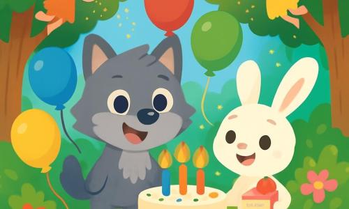 Lenny, a small gray wolf with soft fur and big sparkling eyes, stands in the center of the scene, a big smile on his face, surrounded by colorful balloons. Next to him, Bella, an adorable little bunny with long white ears and a look of wonder, holds a slice of cake decorated with strawberries, hopping with joy. In the background, shimmering fairies with shiny wings float around, scattering golden glitter in the air, adding a touch of magic to the party. The setting is an enchanted forest with majestic trees and vibrant green leaves, and multicolored flowers dancing in the gentle breeze. The scene shows Lenny and his friends celebrating his birthday, surrounded by laughter, games, and immense joy, with a large festive cake at the center, illuminated by sparkling candles.