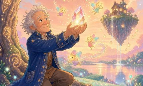 A merchant named Alden, wrinkled but smiling with tousled gray hair, kneels by the roots of an ancient tree in a magical clearing on the planet Luminara, wearing a long midnight-blue leather coat embroidered with tiny stars and holding a glowing pink-and-gold crystal like a gift, his expression wonder-filled and kind; translucent rainbow-winged star-fairies circle the crystal, laughing and leaving trails of sparkling dust above the roots, while a moss-covered floating island with a wooden house and hanging lanterns glows a few hundred meters behind the clearing in a pink-orange sky; the clearing features mint-green phosphorescent grass, luminous tree trunks carved with golden runes, softly glowing round stones and a small mirror lake reflecting two pink suns, all rendered in warm pastel tones (pinks, golds, soft blues, mint greens) with shimmering accents, soft textures, rounded shapes and clean outlines for a tender, fairylike atmosphere.