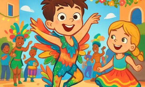 An 8-year-old boy, Leo, with messy brown hair and sparkling joyful eyes, dances enthusiastically under a bright blue sky. He wears a flamboyant costume adorned with multicolored feathers and shimmering sequins, and his face radiates excitement. Next to him, a 7-year-old girl, Ana, with braided blonde hair and freckles, smiles encouragingly, dressed in a colorful dress that twirls as she dances. In the background, a group of dancers in vibrant, cheerful costumes moves to the rhythm of the music, creating a festive atmosphere. The scene takes place on a lively street decorated with twinkling lights and tropical flowers, with smiling spectators applauding and dancing to the sound of drums. The moment captures Leo performing the Flamingo Float dance step, floating gracefully and happily, surrounded by bright colors and contagious joy.