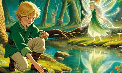 A young boy named Oliver, around 10 years old, stands by a sparkling stream, his eyes shining with curiosity and wonder. He has tousled golden-blond hair and wears a green tunic with beige canvas pants. He crouches with his hands in the water, captivated by the shimmering reflections on the surface. Nearby, a small water fairy named Lira, with translucent, sparkling wings, hovers above the stream. She has silver hair and wears a dress made of flower petals. She mischievously smiles at Oliver, encouraging him to discover the magic of the place. The setting is an enchanted forest, where tall, gnarled trees rise toward the sky, their bright green leaves filtering sunlight. Colorful flowers and oddly shaped mushrooms dot the ground, while a light magical mist floats in the air, adding a touch of mystery. The main scene shows Oliver discovering the enchanted stream, where he has just met Lira, the fairy, who tells him about the wonders of the forest and the magic surrounding it.