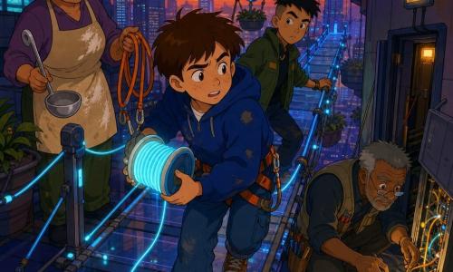 A 12-year-old boy with a round freckled face, short tousled chestnut hair and a determined, slightly anxious expression, wide bright eyes, wearing a worn blue hoodie, jeans and an orange safety harness around his waist, holding a spool of fluorescent rope and looking up while walking on an aerial walkway; Auntie Rina, about 40, warm-faced with gray hair in a bun and a flour-stained apron, stands at the ramp entrance holding a large ladle and two orange safety lines, encouraging the boy; Jax, about 13, with shaved sides and black hair, a green jacket and confident but worried posture, walks just behind with his hand on the metal railing; Mr. Olo, about 60, short gray beard and a tool-filled jacket, crouches by an open technical panel on the walkway lit by a small portable lamp, inspecting sparkling cables; the setting is an aerial walkway between rooftop gardens in a futuristic city with wide glass and metal planks, hanging plant troughs, petal-shaped solar panels, ropes and blinking blue light rails, glass-faced skyscrapers and an orange twilight sky; the main situation: an urgent repair and human coordination as guide lights flicker and the team works to secure the passage and restore a safety panel on the roof access door, tense but supportive atmosphere with strong contrasts between dark walkway areas and warm portable lamps.
