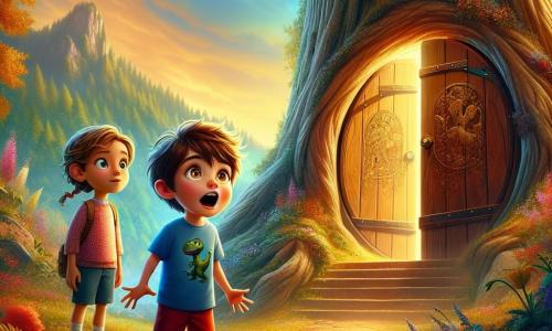 Um menino de 6 anos, Lucas, com cabelos castanhos bagunçados e olhos brilhantes de curiosidade, está em frente a uma grande porta de madeira no tronco de uma imensa árvore. Ele usa uma camiseta azul com um desenho de dinossauro e um short vermelho, e seu rosto expressa grande empolgação e um toque de apreensão. Ao seu lado, sua melhor amiga Sofia, uma menina de 6 anos com cabelos loiros trançados e um vestido rosa de bolinhas, olha para a porta com admiração, as mãos nas bochechas. O lugar é um parque mágico, cheio de flores coloridas e árvores majestosas, onde uma luz dourada filtra através das folhas, criando uma atmosfera encantadora. A cena acontece ao pé de uma colina, onde a porta da árvore parece levar a um mundo secreto. Lucas e Sofia se preparam para entrar no túnel misterioso que os aguarda atrás da porta, com os corações batendo de emoção pela aventura que os espera neste reino escondido.