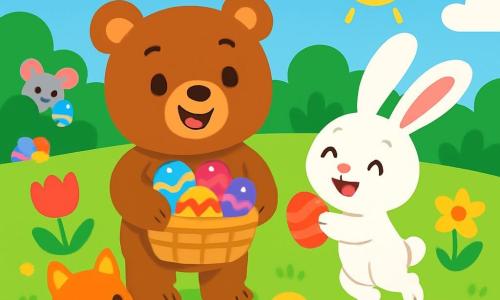 Um adorável urso de pelúcia chamado Tico, com pelagem marrom macia e olhos brilhantes de alegria, está no centro do jardim, sorrindo entusiasticamente enquanto segura uma pequena cesta cheia de ovos de Páscoa coloridos. Ao lado dele, uma coelhinha charmosa chamada Lola, com pelagem branca brilhante e grandes orelhas rosas, salta de felicidade, segurando um ovo vermelho brilhante com suas patas dianteiras. O jardim está repleto de flores vibrantes, como tulipas vermelhas, narcisos amarelos e violetas, enquanto o sol brilha em um céu azul claro, criando uma atmosfera alegre e festiva. Tico e Lola estão cercados por amigos animais, todos rindo e brincando, enquanto descobrem ovos escondidos entre os arbustos. A cena irradia felicidade e camaradagem, cheia da magia da Páscoa.