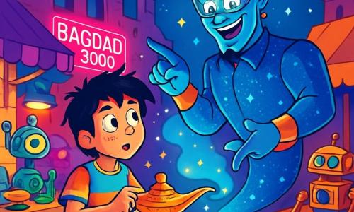 Aladino, un niño de 12 años con cabello negro desordenado y ojos brillantes de curiosidad, se encuentra frente a una lámpara antigua, luciendo maravillado y un poco inquieto. Lleva una camiseta futurista de colores vivos y pantalones de tela, con herramientas de bricolaje colgadas de su cinturón. A su lado, el Genio, una criatura azul brillante con una sonrisa radiante, flota en el aire, vestido con un traje brillante y gafas futuristas, rodeado de pequeñas estrellas brillantes. La escena tiene lugar en un bazar antiguo de Bagdad 3000, donde coloridos puestos de gadgets futuristas se mezclan con ruinas de antiguas edificaciones, todo bajo un cielo estrellado iluminado por neones. Aladino frota la lámpara polvorienta, y una nube de luz escapa, revelando al Genio, listo para conceder deseos, mientras robots curiosos se acercan para observar la magia que se desarrolla.