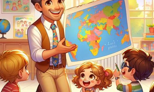 Il personaggio principale è il maestro Giovanni, un uomo di circa quarant'anni, con capelli castani leggermente brizzolati e un grande sorriso caloroso. Indossa una camicia colorata e pantaloni beige, e tiene una grande mappa del mondo nelle mani, gli occhi brillanti di entusiasmo mentre spiega qualcosa ai suoi alunni. Anna, una ragazza di 8 anni con capelli biondi e ricci, è seduta a terra, gli occhi spalancati per la meraviglia, mentre tiene un piccolo animale di plastica. Marco, un ragazzo di 7 anni con occhiali e capelli castani, è in piedi accanto ad Anna, alzando la mano per rispondere a una domanda con un grande sorriso. La scena si svolge in un'aula luminosa, con muri decorati da disegni di bambini, scaffali pieni di libri colorati e una grande finestra che lascia entrare la luce del sole. Giovanni insegna ai suoi alunni come disegnare una grande mappa del mondo, circondato da risate ed eccitazione, mentre i bambini si divertono a colorare e immaginare avventure attraverso i continenti.