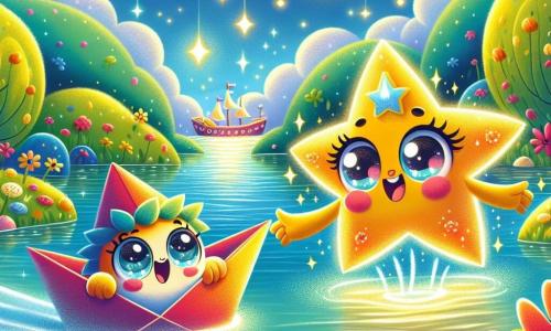 Barquito, un pequeño barco de papel de colores brillantes, navega alegremente por un lago resplandeciente, con sus velas blancas ondeando al viento. Tiene ojos redondos y chispeantes, llenos de emoción y determinación, mientras avanza hacia la misteriosa Isla de los Sueños. Marina, una estrella brillante con brazos centelleantes, flota sobre Barquito, su rostro radiante de alegría y esperanza. Le extiende una mano estrellada, lista para ayudarlo en su búsqueda. El lago está rodeado de colinas verdes, salpicadas de flores coloridas, y el cielo es de un azul brillante, con algunas nubes esponjosas. Al fondo, se vislumbra la silueta mágica de la Isla de los Sueños, con árboles de hojas doradas y luces centelleantes. La escena principal muestra a Barquito y Marina juntos, listos para contar chistes a los animales de la isla para devolver la magia y la alegría, mientras risas resuenan a su alrededor, iluminando el paisaje con una atmósfera festiva y encantada.