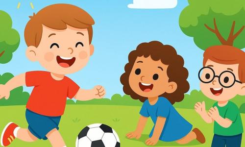 A young boy named Ben, smiling and cheerful, is wearing a bright red t-shirt and shiny shoes. He is kicking a round soccer ball with excitement in his sparkling eyes. Next to him, his best friend Mia, a 7-year-old girl with curly hair in a blue dress, is getting up after falling, a determined smile on her face. Further away, Sam, a 6-year-old boy with glasses and a green t-shirt, is clapping and cheering for Ben. The soccer field is large and green, surrounded by trees with vibrant leaves under a sunny blue sky. Colorful flowers grow along the edges of the field, adding a touch of magic to the setting. The main scene shows Ben enthusiastically striking the ball while his friends run around him, laughing and having fun. The atmosphere is joyful and energetic, illustrating the pleasure of playing together.