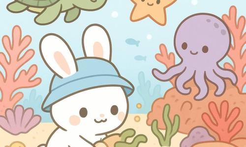 Un piccolo coniglio bianco dalle grandi orecchie e sorriso timido, con un cappellino blu bagnato e una grande conchiglia, raccoglie dolcemente alghe vicino a un corallo luminoso; dietro di lui una stella marina aranciata lo guida con lo sguardo, una tartaruga marina verde osserva da sinistra e un polpo viola su una roccia spinge le alghe da un angolo; il fondale è un giardino di coralli colorati con anemoni e banchi di pesci, scena calma e luminosa in cui gli amici aiutano il coniglio a liberare un corallo malato.