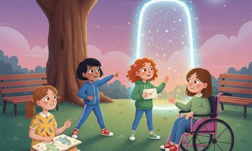Four girls stand in a twilight park before a large glowing, starry portal: Lucy, 9, light brown hair in two braids, wearing a yellow dress with crayon patterns, seated left with a large sketchbook drawing a dinosaur in red pencil; Mia, 8, short black hair, blue sportswear and red sneakers, standing center-left in a dynamic pose pointing to the horizon; Zoe, 8, curly red hair, green hoodie and jeans, center-right holding a shiny envelope and staring at the portal wide-eyed; Ellie, 9, straight brown hair, purple jacket, seated in a modern pink wheelchair on the right, smiling and reaching toward the enormous luminous door. The scene is a twilight park with deep green grass, a large oak with rough bark, wooden benches, small mauve flowers in the foreground, and a purple-pink gradient sky with a silver moon; the portal floats, sparkling with golden particles and a soft blue halo, the girls forming a semicircle with expressions of wonder and adventure, vivid colors, smooth textures and soft shadows for a childlike magical feel.