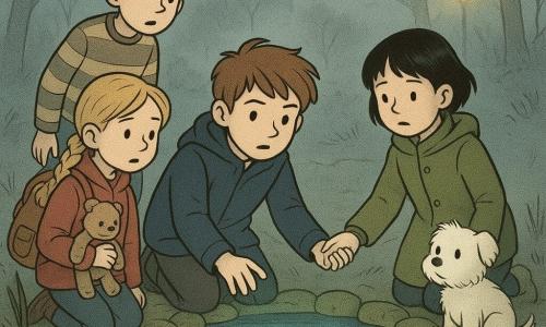 Fünf Figuren um einen kreisrunden Teich: Jonas, 10, wildes braunes Haar, Marinejacke, kniet am Ufer und reicht die Hand zu einem leuchtenden Wort „Mut“ auf dem Wasser; Lila, 10, blond geflochten, rote Jacke, hält einen alten Teddybär am Rucksack, steht besorgt hinter Jonas; Finn, 10, hellbraune Haare, gestreifter Pullover, steht links auf einem Felsen und blickt erstaunt auf die Spiegelung; Mira, 10, kurze schwarze Haare, olivgrüner Mantel, hält Jonas’ Hand rechts neben ihm, entschlossen aber leicht ängstlich; ein kleiner weißer Hund mit flauschigem Fell sitzt aufmerksam am Steinkreis. Ort: kreisrunder Teich mit glattem Wasser, schwimmenden Worten, Seerose, blassen Schilfhalmen, nassen Gräsern, knorrigen kahlen Bäumen im niedrigen Nebel und fernen gelben Laternen. Stimmung: dichte Nebel, warmes Lampenlicht kontra kalte Wasserreflexe, gleichzeitig beängstigend und zärtlich.