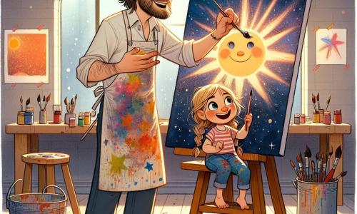 Max, een man van dertig met rommelig bruin haar en een lichte baard, glimlacht vrolijk terwijl hij een kwast in zijn hand houdt. Hij draagt een kleurrijke, met verf bespatte schort en staat voor een groot schilderij dat een sterrennacht voorstelt, met sprankelende ogen vol creativiteit. Naast hem staat Lotte, een zevenjarig meisje met lange, gevlochten blonde haren en glinsterende nieuwsgierige ogen, die een grote, lachende zon op een doek schildert. Ze staat op een klein trapje, geconcentreerd, met verfspatten op haar wangen en kleurrijke t-shirt. De ruimte is een heldere werkplaats, gevuld met doeken aan de muren, felle verfpotten en verspreide penselen op een houten tafel. Het zonlicht valt door een groot raam en verlicht de creatieve en warme ruimte. De hoofdscène toont Max en Lotte die samen werken aan een kunsttentoonstelling, omringd door hun kleurrijke werken, terwijl ze lachen en momenten van vreugde delen, klaar om bezoekers te verwelkomen die verwonderd zijn door hun creativiteit.