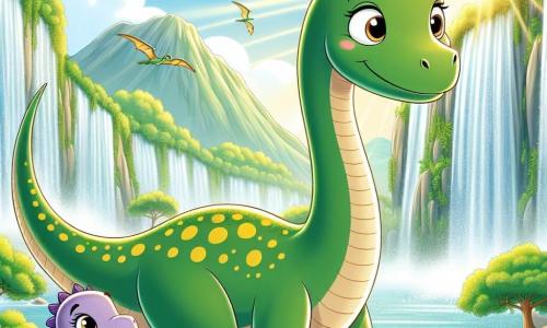 Dippy, der große Diplodocus, wird mit einem eleganten langen Hals und einer grünen Haut, die mit gelben Flecken übersät ist, dargestellt. Er hat einen entschlossenen und schützenden Ausdruck und blickt mit seinen großen sanften Augen in die Ferne. An seiner Seite steht seine kleine Schwester Lila, ein niedlicher lila Diplodocus, der neugierig und besorgt aussieht, bereit, ihrem Bruder auf dem Abenteuer zu folgen. Die Szenerie befindet sich in der Nähe eines majestätischen, funkelnden Wasserfalls, umgeben von grünen Bergen und bunten Blumen, die im Wind tanzen. Sonnenstrahlen filtern durch die Bäume und schaffen eine magische und warme Atmosphäre. Die Hauptsituation zeigt Dippy und Lila, die sich darauf vorbereiten, einem großen Tyrannosaurus Rex gegenüberzutreten, der in der Nähe ihres Hauses umherstreift, während Pterosaurier über ihnen fliegen, bereit, ihnen zu helfen.