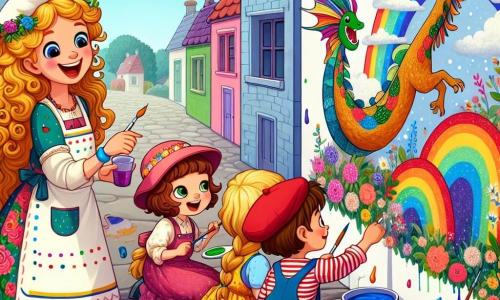 Mia, eine fröhliche Frau mit langen, lockigen, goldenen Haaren, trägt eine bunte, mit Farbe bespritzte Schürze. Sie lächelt begeistert, hält einen Pinsel in einer Hand und zeigt den Kindern mit der anderen, wie man Farben mischt. Tim, ein etwa 8-jähriger Junge mit einer süßen kleinen braunen Haarsträhne und einer roten Mütze, malt einen großen fliegenden Drachen an die Wand, seine Augen leuchten vor Aufregung. Anna, ein 7-jähriges Mädchen mit Zöpfen und einem Blumenkleid, konzentriert sich auf ihren wunderschönen Regenbogen, ihre Wangen sind vor Begeisterung gerötet. Die Szene findet vor einer großen weißen Wand in einem sonnigen Dorf statt, umgeben von bunten Häusern und blühenden Gärten. Die Kinder sitzen auf dem Boden mit Pinseln in der Hand, während bunte Farbtöpfe um sie herum verstreut sind. Mia und die Kinder schaffen gemeinsam ein wunderschönes Wandgemälde, das die Wand mit ihren Träumen und Ideen füllt, in einer Atmosphäre von Freude und Kreativität.