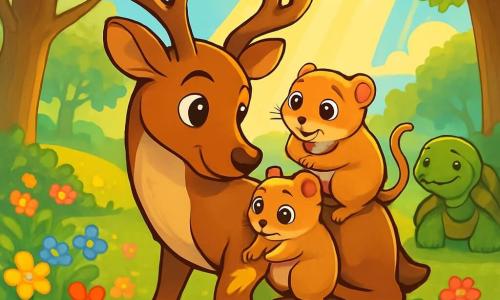 A young reindeer with soft brown fur and delicate large antlers, with bright empathetic eyes, stands at the center of the scene, gently leaning towards a small dormouse with round, shiny eyes, nestled on its back, showing a look of relief. The dormouse, with its silky fur and tiny paws, gazes at the reindeer with gratitude. The setting is an enchanted meadow bathed in golden light, dotted with colorful wildflowers and surrounded by majestic trees with lush green leaves. In the distance, a wise old turtle, with a moss-covered shell, observes the scene with a benevolent smile. The main situation shows the reindeer helping the injured dormouse by applying golden leaves to its paw, while rays of sunlight filter through the branches, creating a magical and soothing atmosphere.