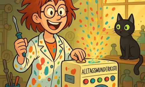 Eine fröhliche Frau, Frau Zwirbel, mit zerzausten Haaren und runden Brillen, steht in ihrem unordentlichen Atelier. Sie trägt einen bunten Kittel, der mit Farbflecken bedeckt ist, und hält einen Schraubenzieher in einer Hand, mit einem großen, aufgeregten Lächeln im Gesicht. Neben ihr sitzt ihr neugieriger und skeptischer Kater, Professor Miez, ein schwarzer Kater mit funkelnden grünen Augen, auf einem Regal und beobachtet die skurrilen Erfindungen um ihn herum. Das Atelier ist voller seltsamer Maschinen, Zahnräder, bespritzter Farbdosen und alter, unterschiedlicher Gegenstände. Lichtstrahlen filtern durch ein staubiges Fenster und beleuchten die in der Luft schwebenden Konfetti. Frau Zwirbel testet ihre neueste Erfindung, eine „Alltagswunderkiste“, die wie eine Mischung aus Kühlschrank und Radio aussieht, mit bunten Knöpfen und blinkenden Lichtern. Sie drückt einen Knopf, und ein Regen von Konfetti strömt aus der Maschine und schafft eine festliche und wunderbare Atmosphäre.